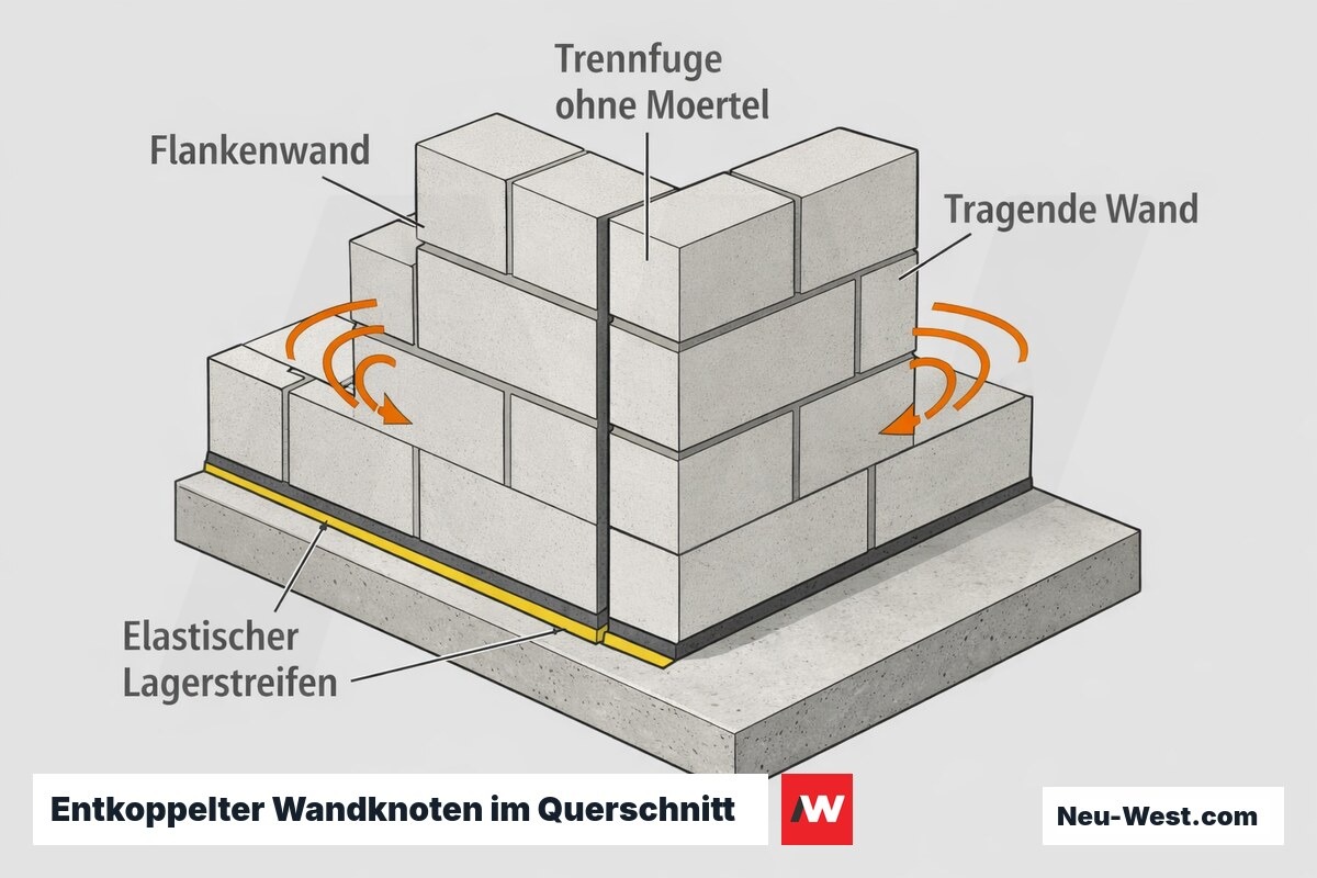 Querschnitt eines Wandknotens mit elastischem Lagerstreifen am Wandfuß und mörtelfreier Trennfuge zur Flankenwand zur Reduzierung von Flankenschall.