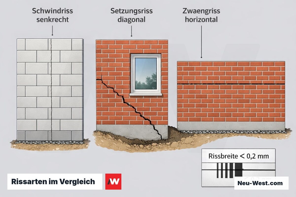 Vergleichsgrafik dreier Rissarten im Mauerwerk: senkrechte Schwindrisse, diagonaler Setzungsriss an Fensterecke, horizontaler thermischer Zwängriss in langer Wand.