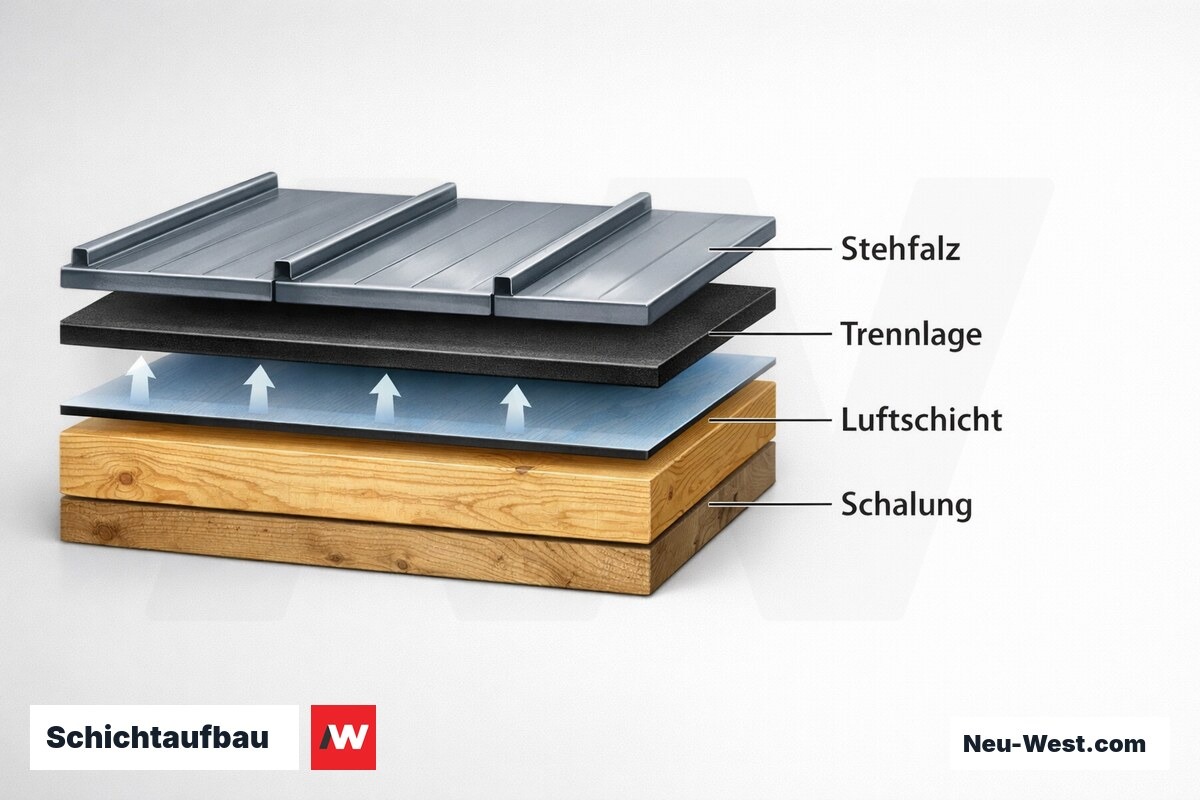 Schichtaufbau: Belüftetes Stehfalzdach mit Kenngrössen je Lage – Erklär-Grafik (NEUWEST Berlin)