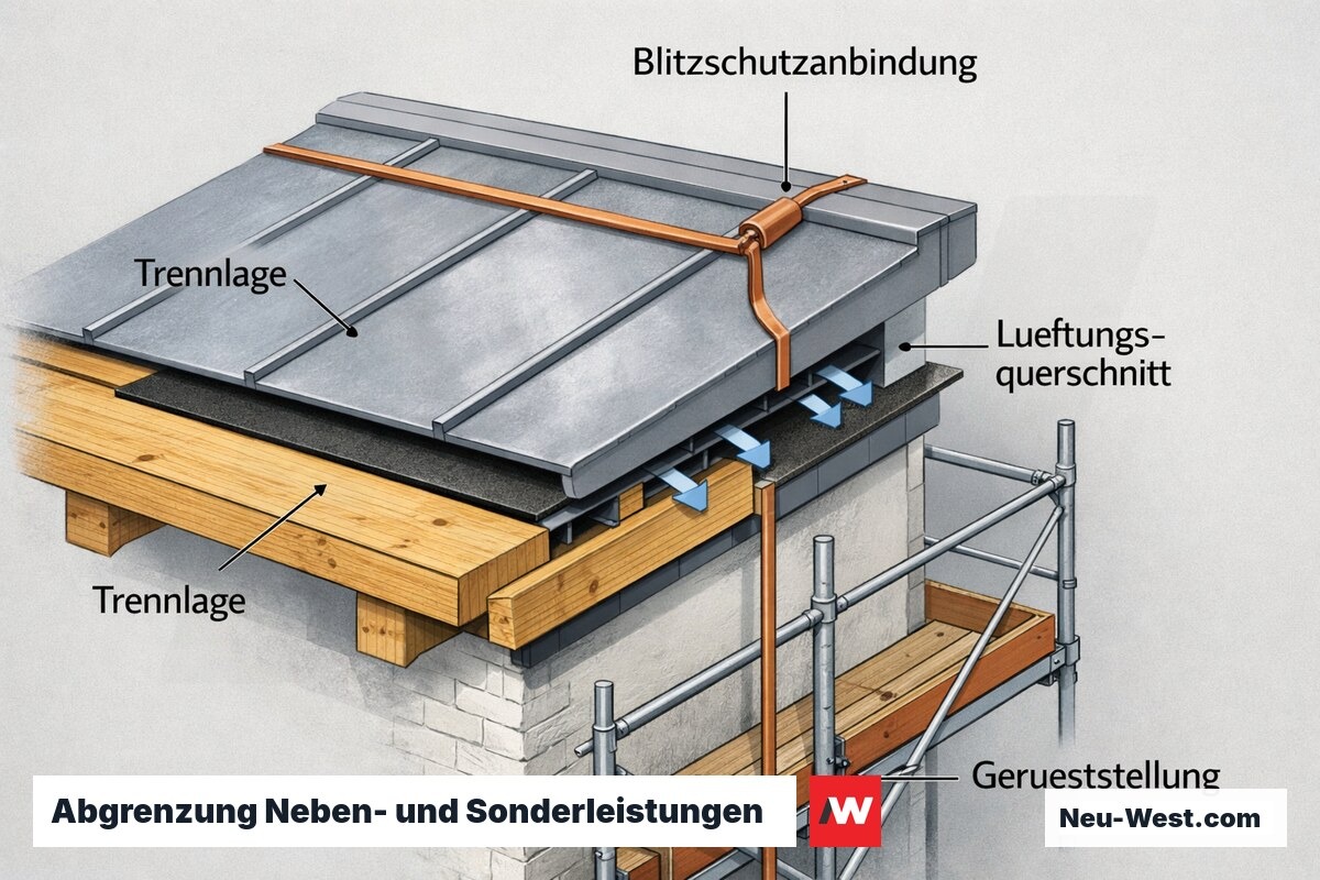 Dachschnitt eines Klempner-Metalldachs mit Trennlage, Lüftungsquerschnitt, Blitzschutzanbindung und Gerüst als getrennt vergütbare Leistungspositionen.