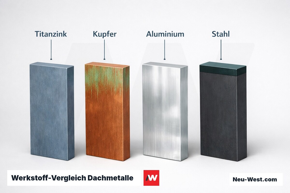 Werkstoff-Vergleich Dachmetalle: Titanzink / Kupfer / Aluminium / Stahl – Erklär-Grafik (NEUWEST Berlin)