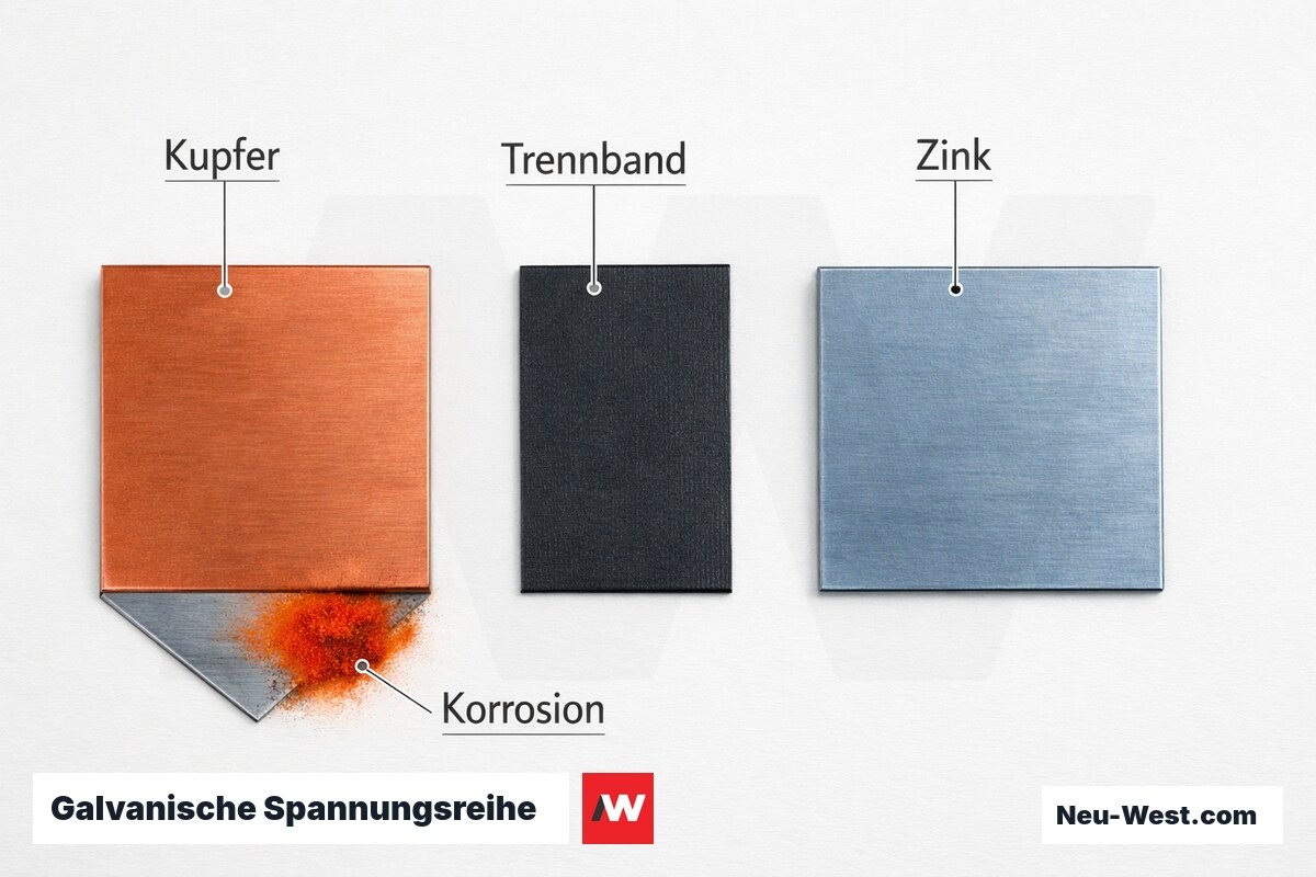Galvanische Spannungsreihe: Kontaktkorrosion und Trennmassnahmen – Erklär-Grafik (NEUWEST Berlin)