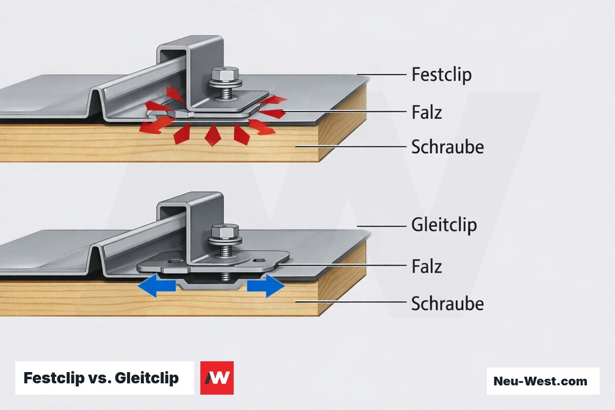 Festclip vs. Gleitclip – Funktionsprinzip und Wärmebrückenwirkung im Querschnitt – Erklär-Grafik (NEUWEST Berlin)