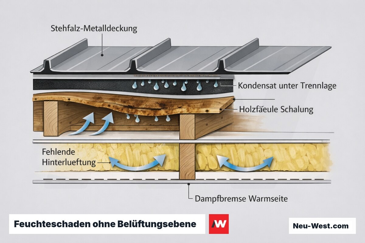 Querschnitt Metalldach: gestautes Kondensat, Holzfäule an der Schalung und Dampfbremse auf der Warmseite bei fehlender Hinterlüftung.