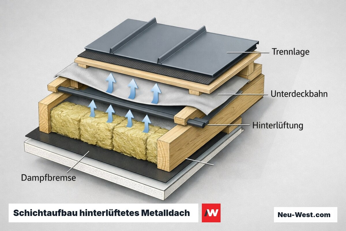 Bauschnitt eines hinterlüfteten Metalldachs: Trennlage, Unterdeckbahn, Dämmebene und raumseitige Dampfbremse mit Wasserdampftransport durch die Hinterlüftung.