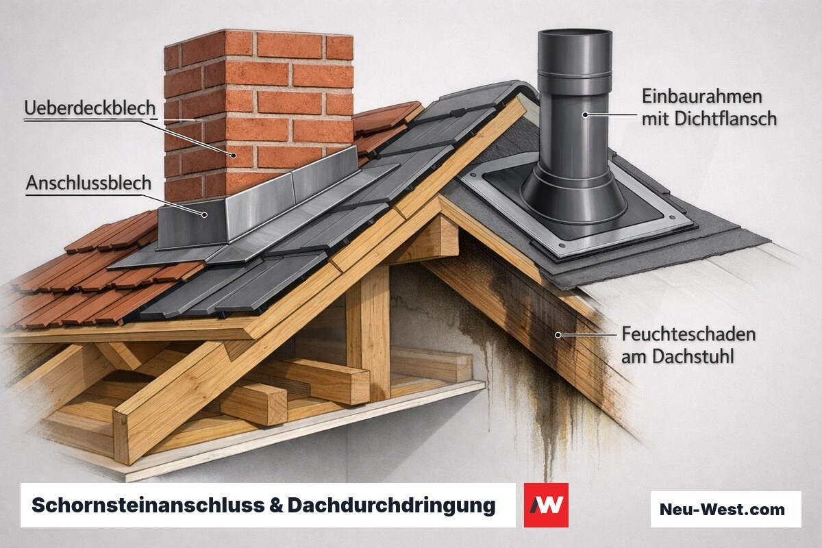 Dachschnitt: zweiteilige Blechanschlüsse am Schornstein, Einbaurahmen mit Dichtflansch und Feuchteschaden an Sparren und Innendecke.