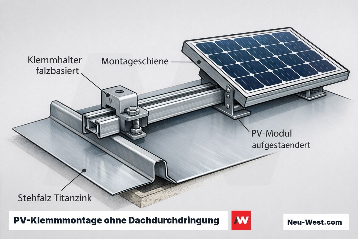 Cutaway-Detail eines Stehfalz-Metalldachs mit klemmbasierter PV-Halterung ohne Durchdringung und ohne Klebeflächen auf der Deckung.