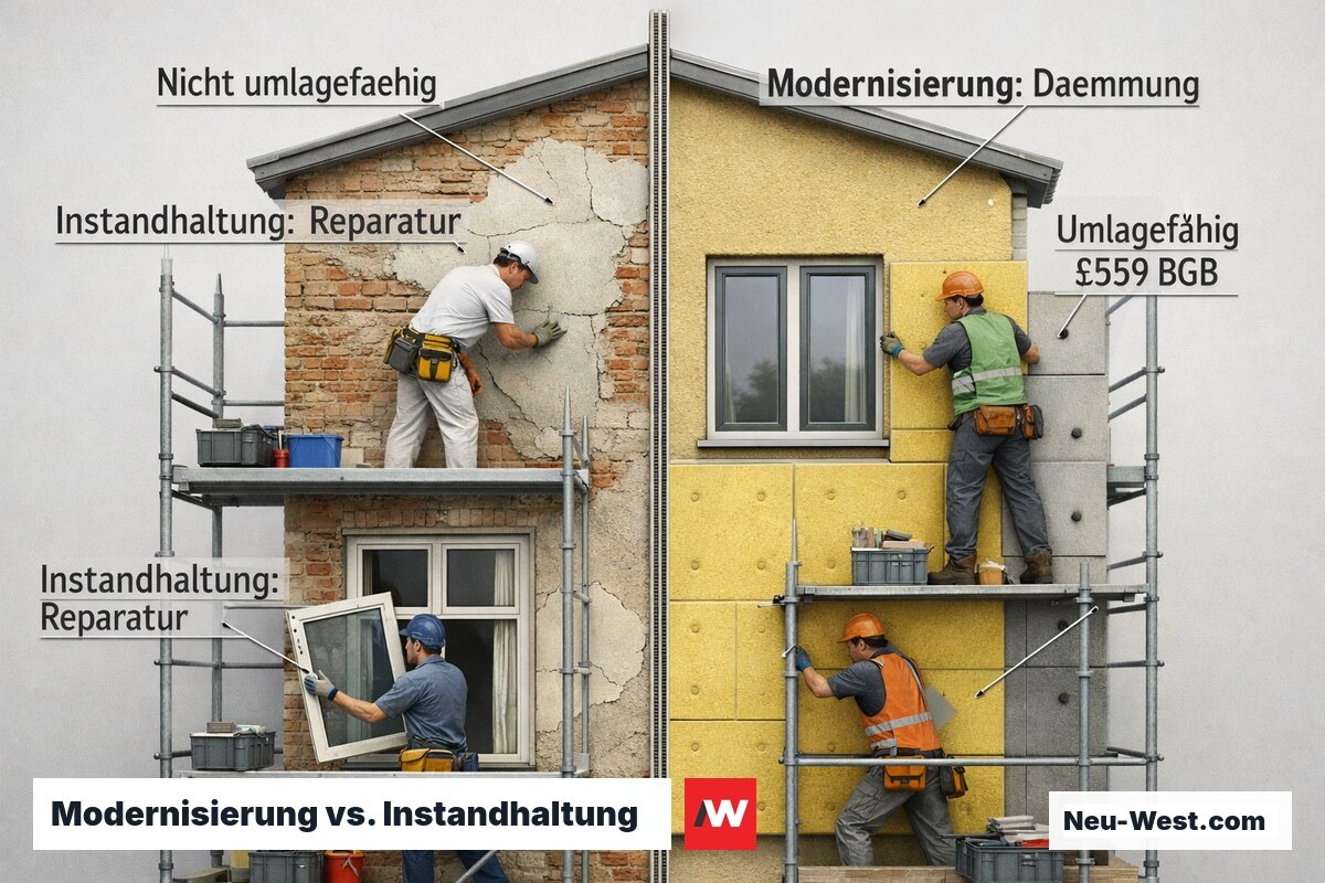 Gebäudequerschnitt zeigt links Reparaturarbeiten (nicht umlagefähig) und rechts Dämminstallation als Modernisierung (umlagefähig).