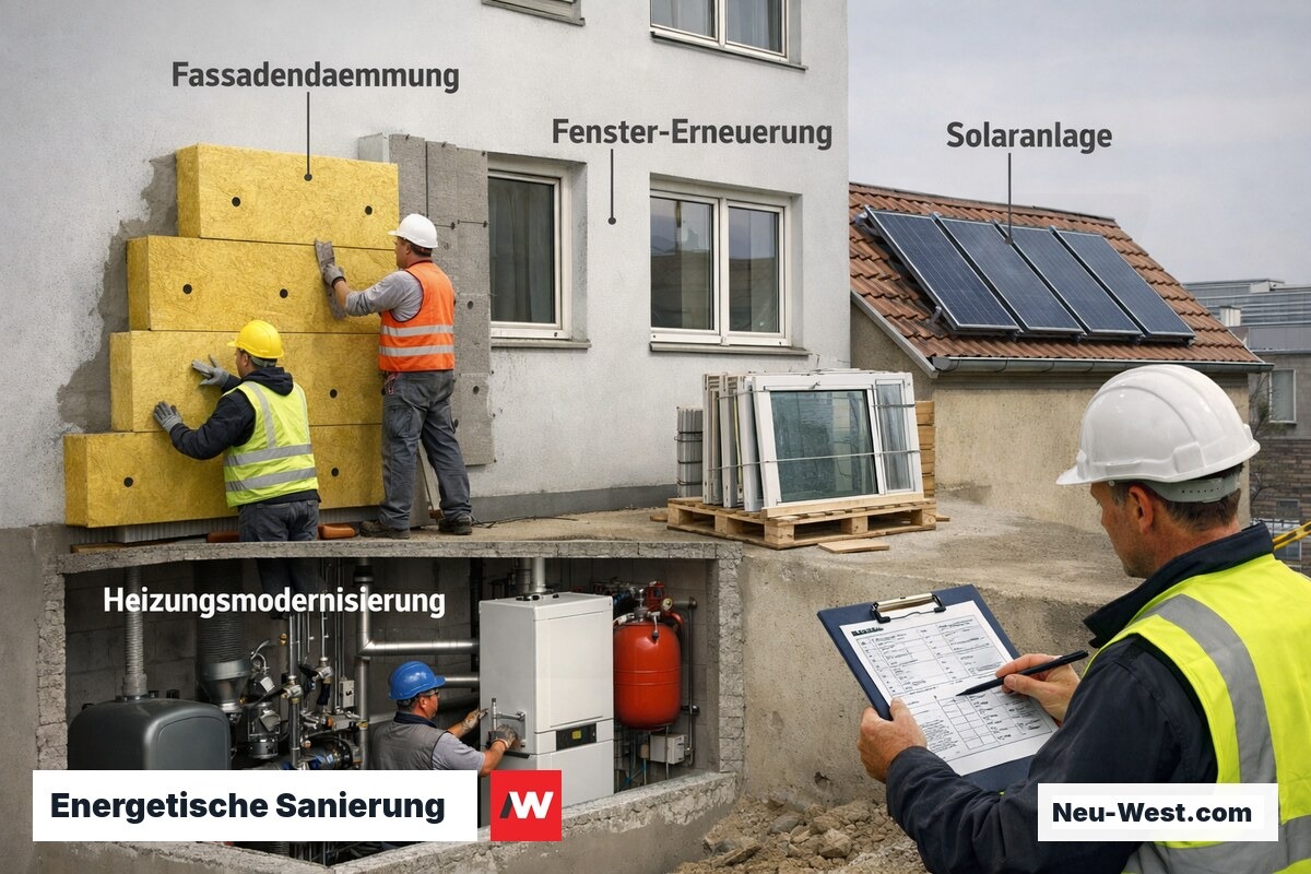 Wohngebäude mit sichtbaren energetischen Sanierungsmaßnahmen: Außendämmung, neue Fenster, Heizung und Solaranlage.