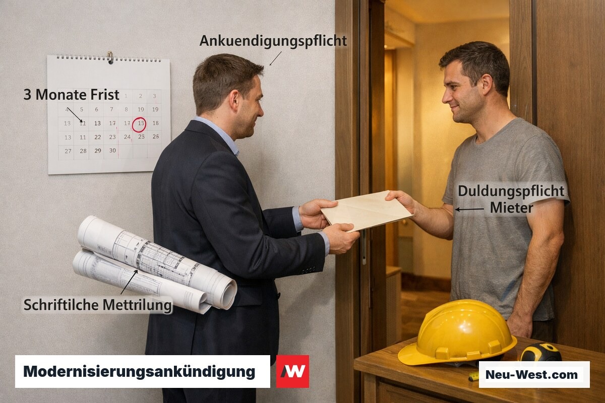 Verwalter übergibt Mieter schriftliche Modernisierungsankündigung im Treppenhaus, Baupläne und Kalender sichtbar.