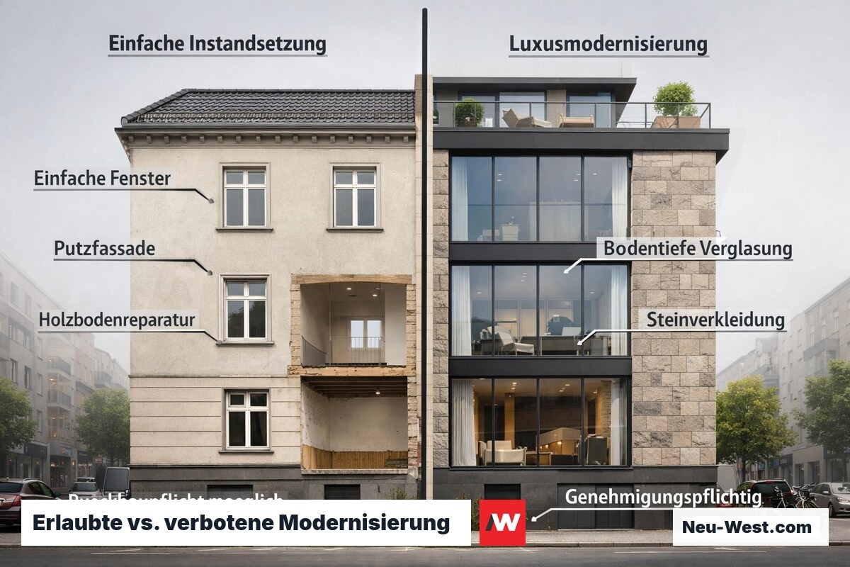Berliner Altbau im Querschnitt: linke Hälfte einfache Sanierung, rechte Hälfte Luxusausbau mit Genehmigungshinweis, max. 150 Zeichen
