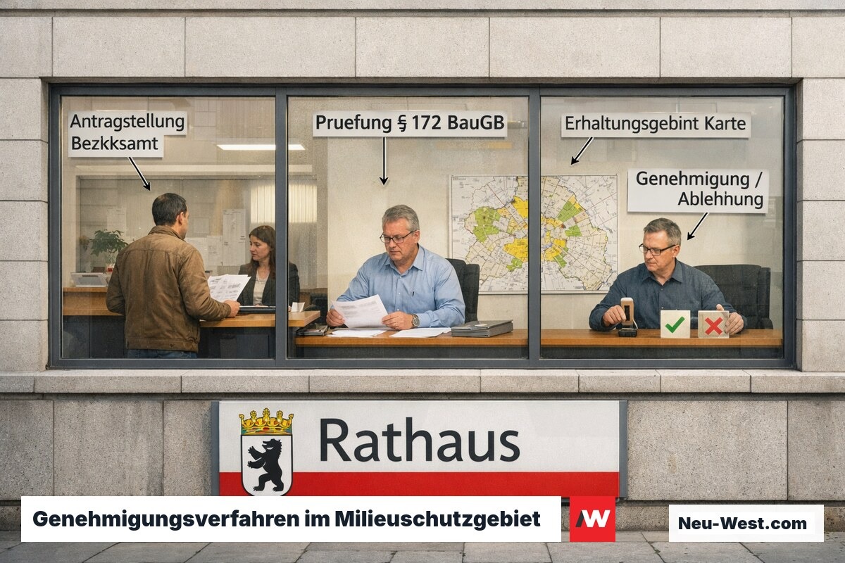 Bezirksamt-Innenraum: Eigentümer reicht Bauantrag ein, Sachbearbeiter prüft vor Milieuschutz-Karte, Editorial-Stil