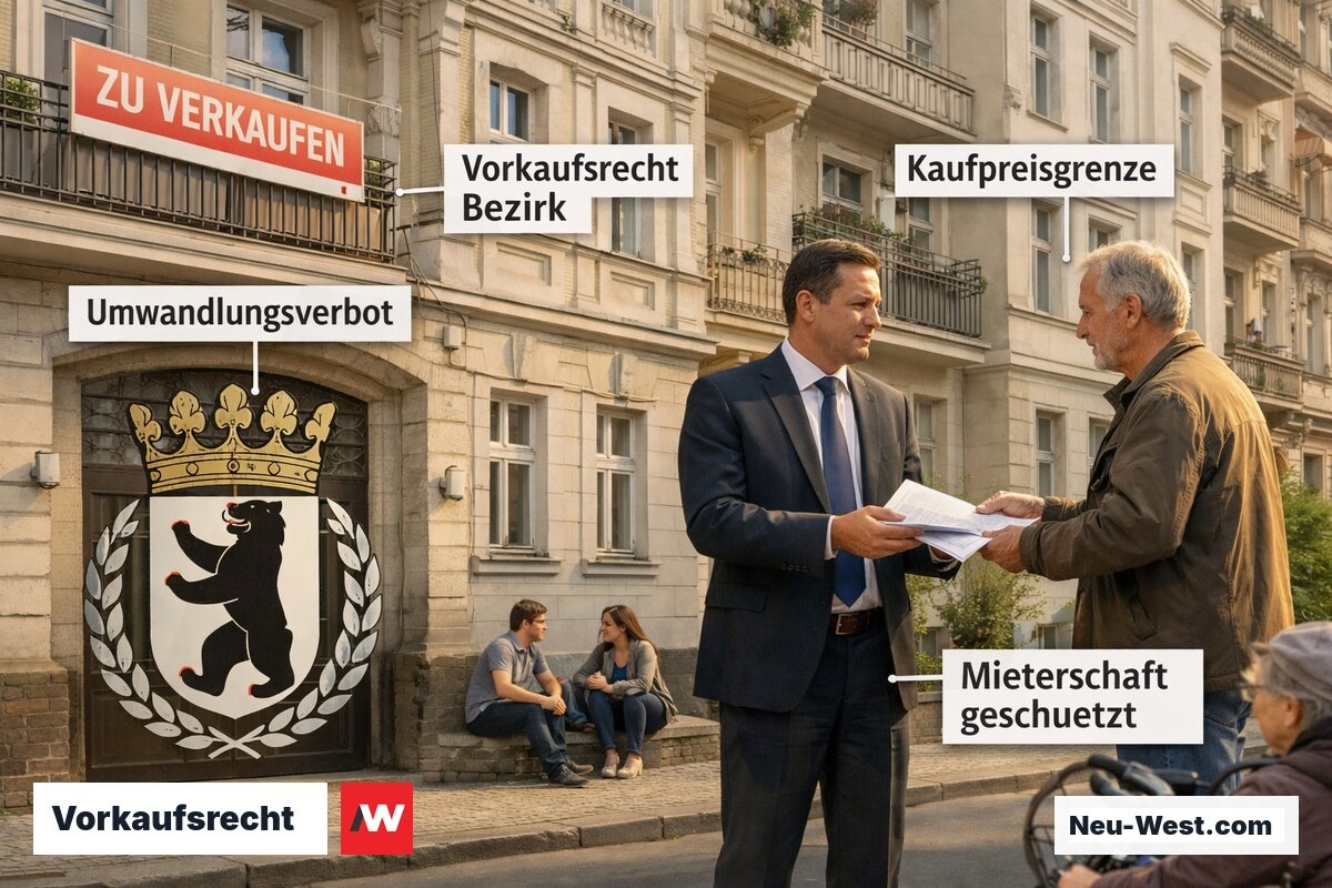 Berliner Altbau-Straße: Bezirksvertreter übergibt Vorkaufsrechtsdokument an Eigentümer vor Gründerzeitgebäude