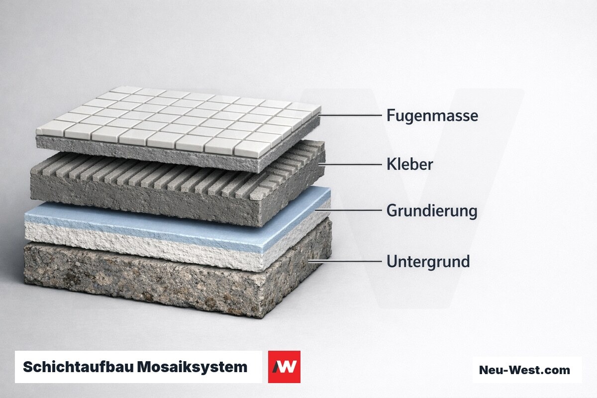 Schichtaufbau Mosaiksystem — Querschnitt mit Lagenstärken – Erklär-Grafik (NEUWEST Berlin)