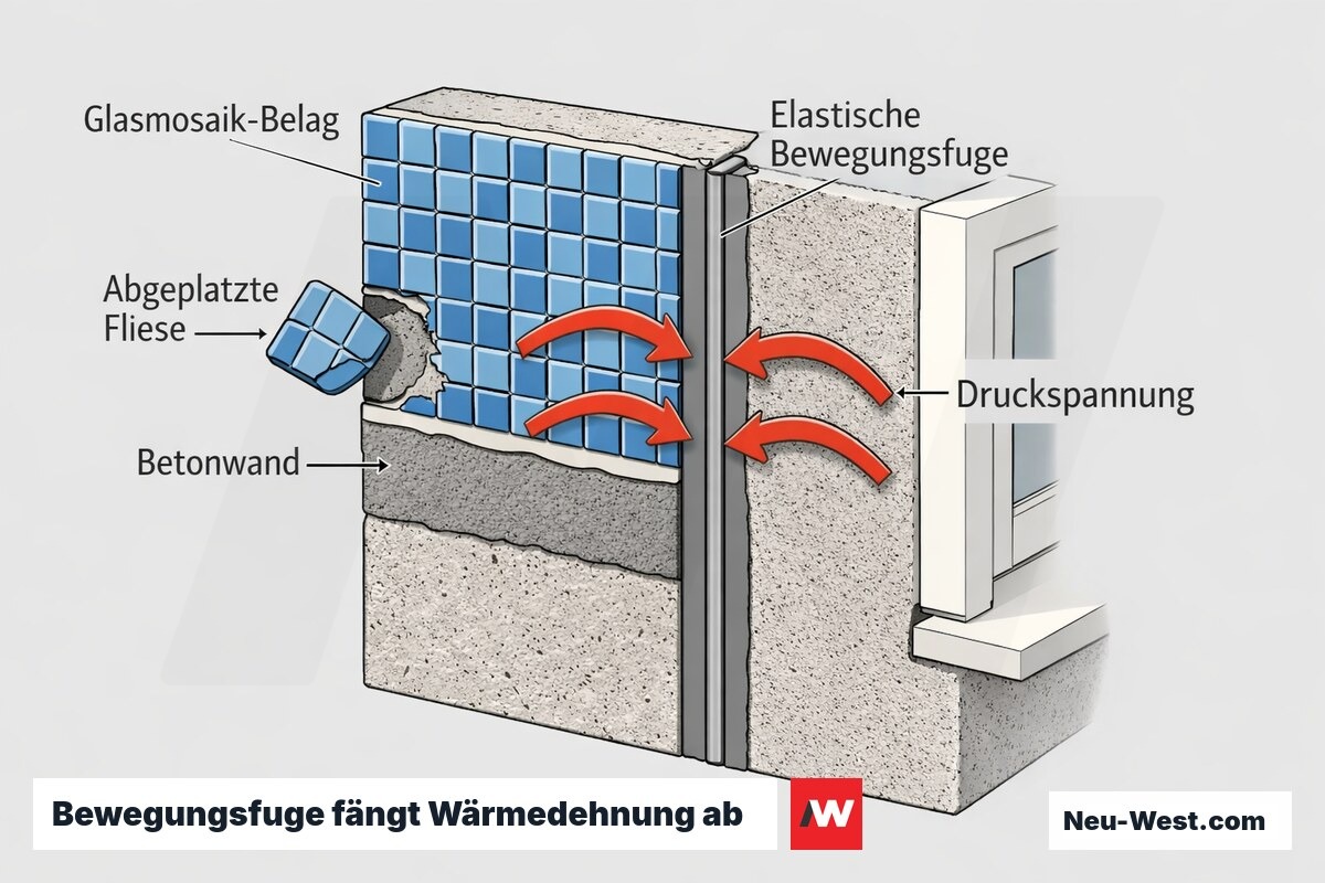 Fassaden-Querschnitt mit Glasmosaik: elastische Bewegungsfuge nimmt Wärmedehnung auf, daneben Abplatzung durch fehlende Fuge und Druckspannung.