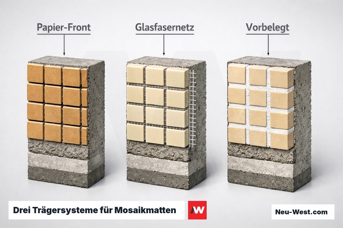 Drei Trägersysteme für Mosaikmatten — Verlegeablauf und Ablösezeitpunkt – Erklär-Grafik (NEUWEST Berlin)