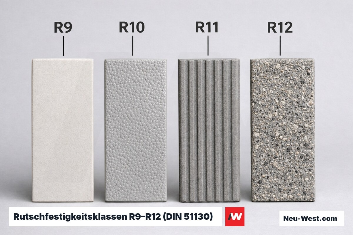 Rutschfestigkeitsklassen R9–R12 (DIN 51130) und Nassbarfuss A–C (DIN 51097) – Erklär-Grafik (NEUWEST Berlin)