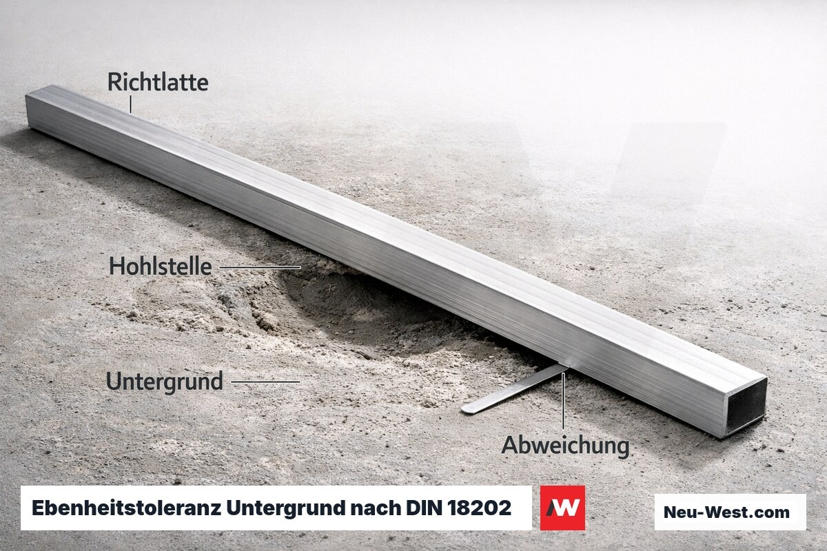 Ebenheitstoleranz Untergrund nach DIN 18202 — Mosaik vs. Grossformat – Erklär-Grafik (NEUWEST Berlin)