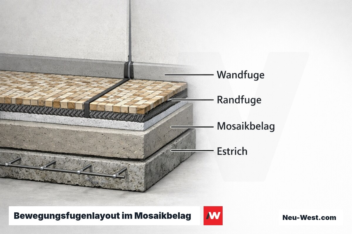 Bewegungsfugenlayout im Mosaikbelag nach BEB-Merkblatt – Erklär-Grafik (NEUWEST Berlin)