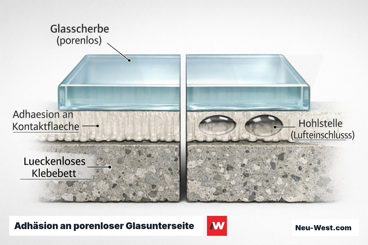 Querschnitt eines Glasmosaiksteins auf Klebebett: links lückenlose Adhäsion an der glatten Glasunterseite, rechts bondmindernde Hohlstellen mit Lufteinschluss.