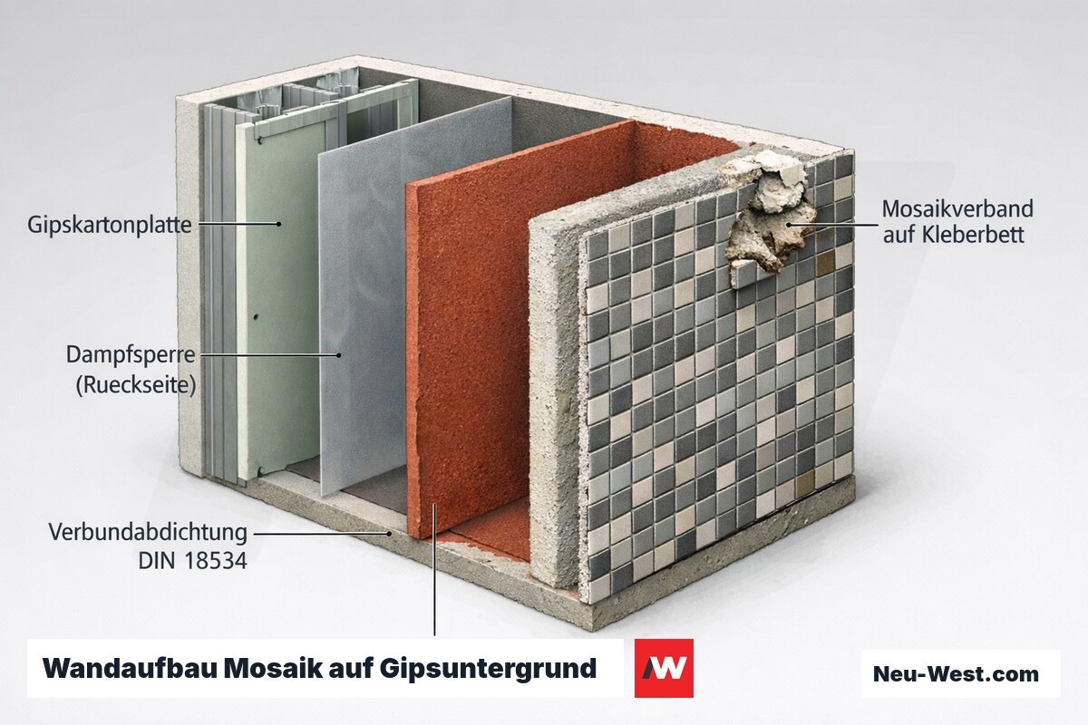 Wandquerschnitt: Gipskartonplatte mit rückseitiger Dampfsperre, frontaler Verbundabdichtung und Mosaikverband, seitlich aufgequollener Gips mit abgelösten Tesserae.