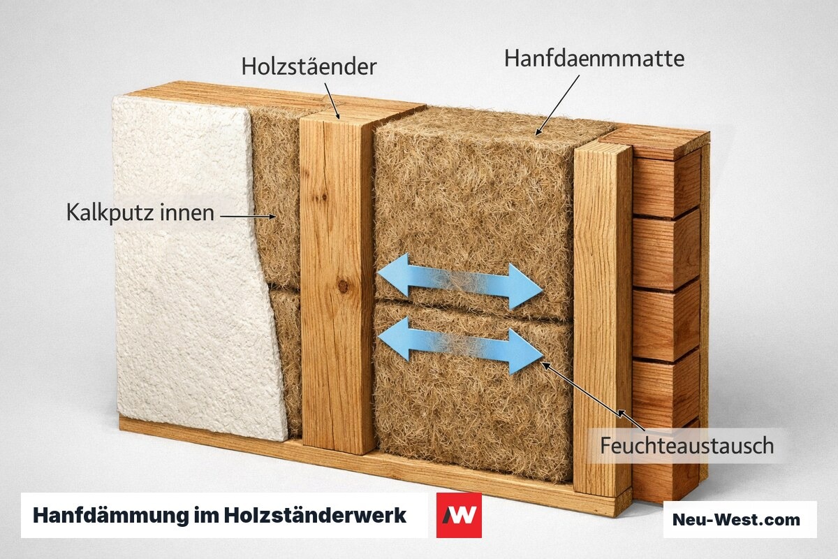 Querschnitt einer Holzrahmenwand mit Hanfdämmmatten zwischen Ständern, Feuchtetransport-Pfeile zeigen hygroregulierende Wirkung