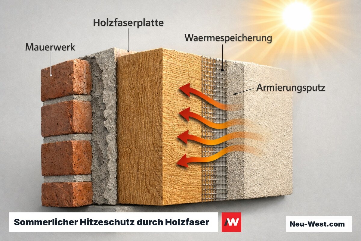 Fassadenquerschnitt mit Holzfaser-WDVS, Wärmeflussverzögerung durch hohe Rohdichte visualisiert