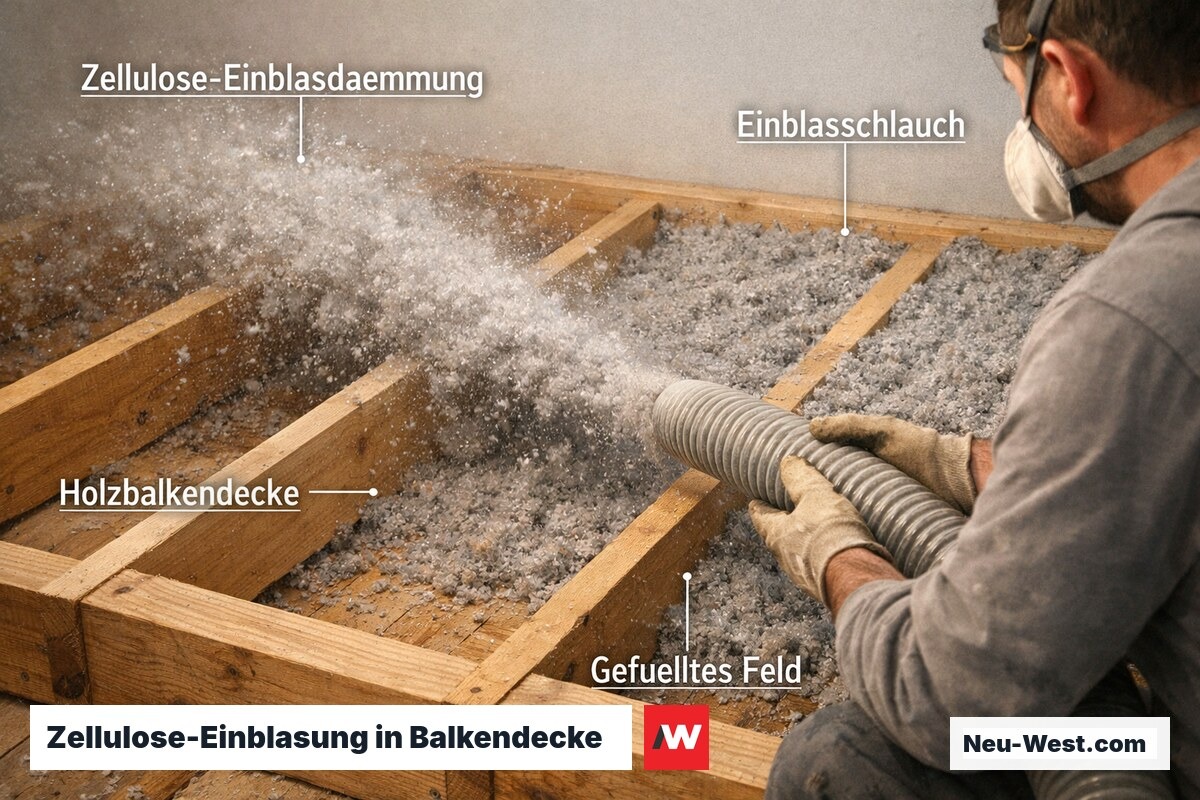 Handwerker bläst Zellulosefasern mit Schlauch in Holzbalkendecke, gefülltes und leeres Deckengefach im Vergleich