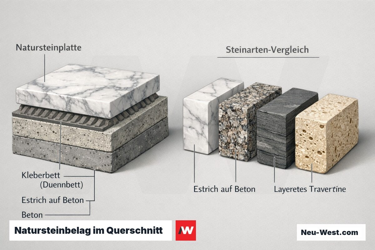 Querschnitt eines Natursteinbodens mit Steinplatte, Kleberbett und Estrich sowie Vergleich von Marmor, Granit, Schiefer und Travertin