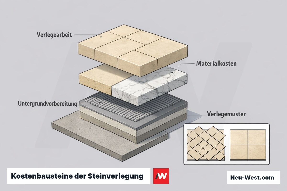 Diagramm der Kostenbausteine beim Natursteinboden: Verlegearbeit, Materialkosten, Untergrundvorbereitung und Verlegemuster im Vergleich.