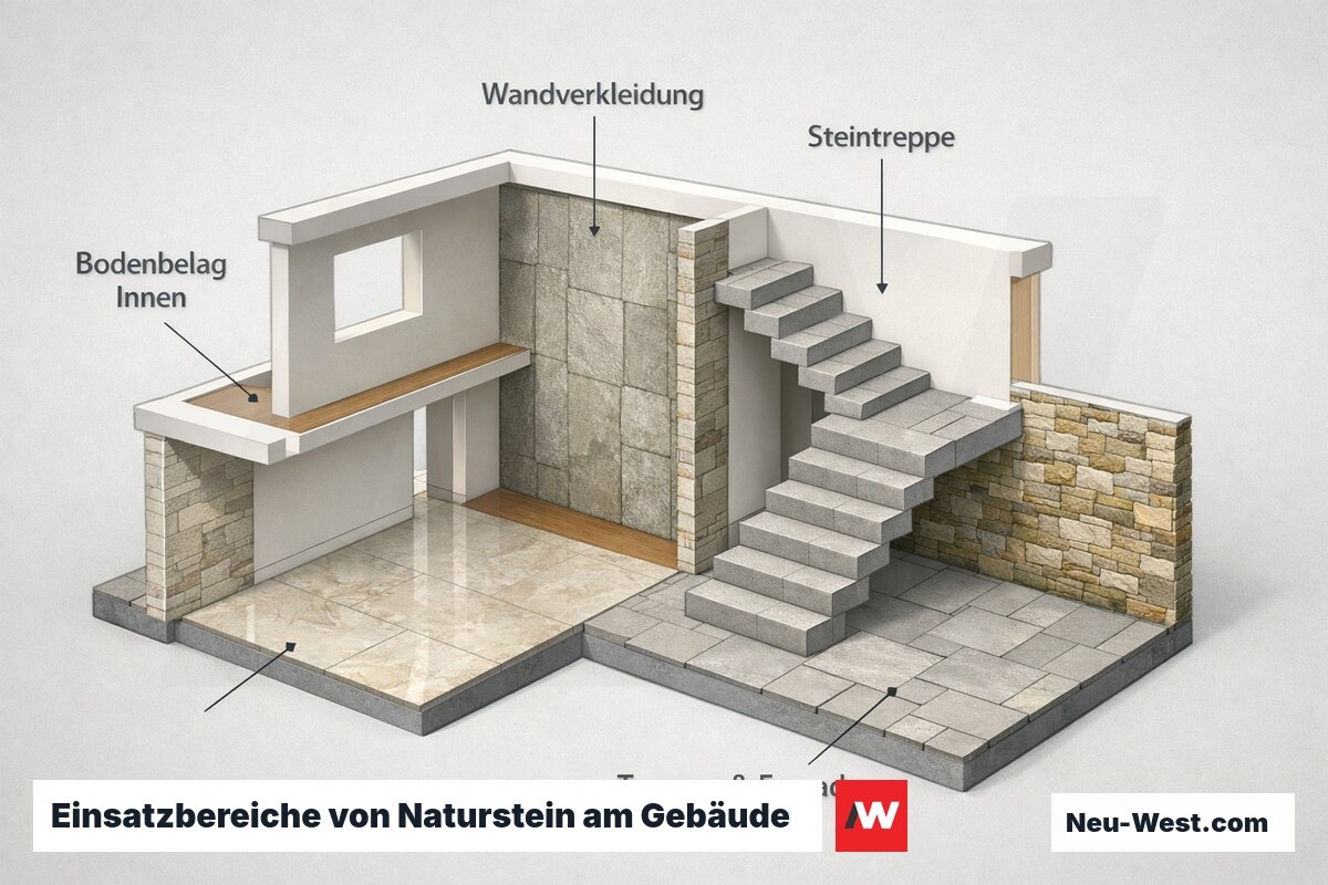 Isometrischer Gebäude-Schnitt zeigt Naturstein als Innenboden, Wandverkleidung, Treppe sowie Terrassen- und Fassadenbelag im Außenraum.