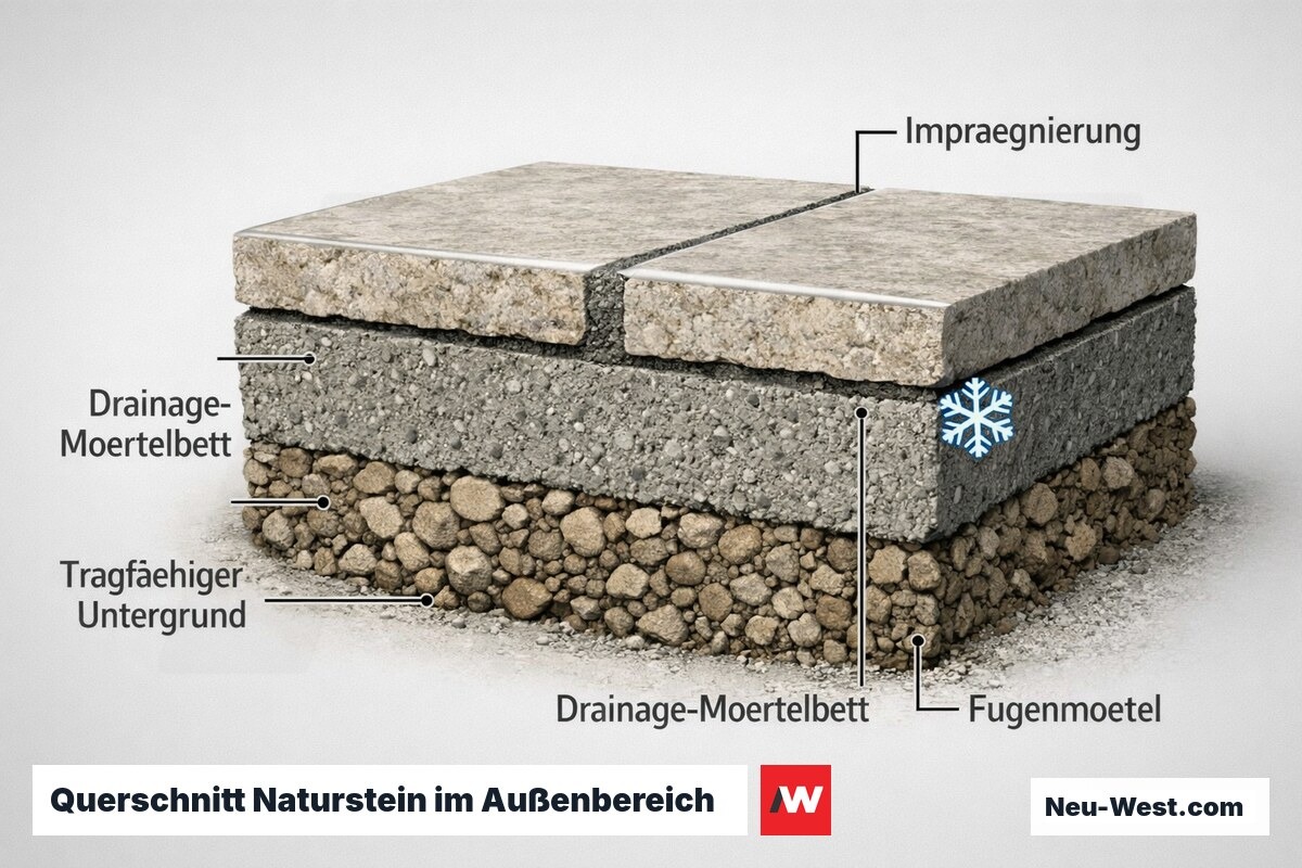 Querschnitt eines Naturstein-Außenbelags mit Untergrund, Mörtelbett, verfüllter Fuge und Imprägnierung, frostbeständiger Aufbau.