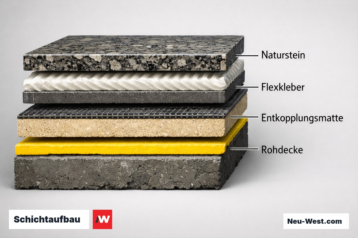 Schichtaufbau: Naturstein auf Fußbodenheizung (C2S1 + Entkopplung) – Erklär-Grafik (NEUWEST Berlin)