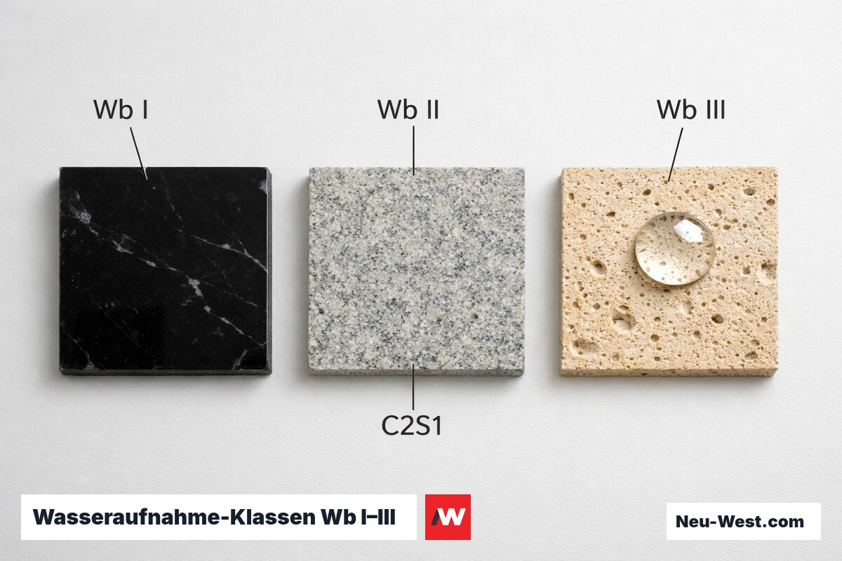 Wasseraufnahme-Klassen Wb I–III nach EN 14411: Klebstoffzuordnung – Erklär-Grafik (NEUWEST Berlin)