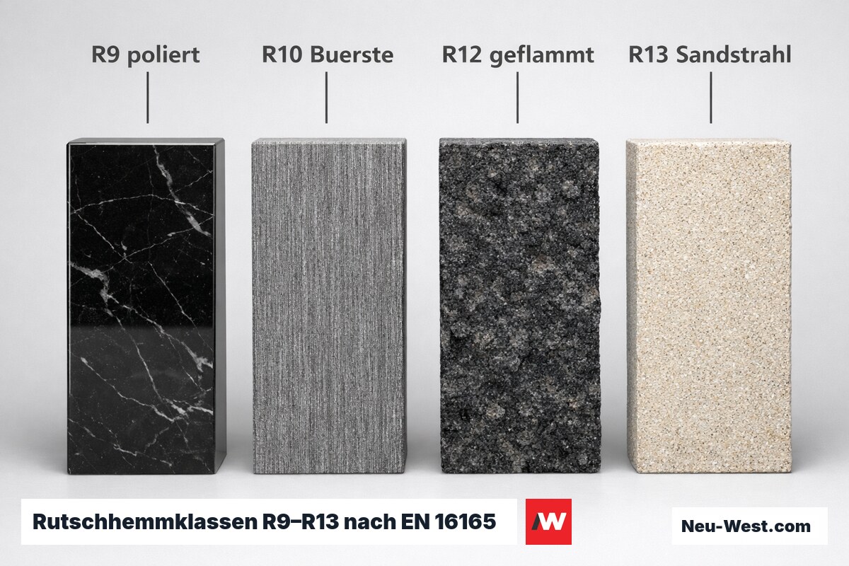 Rutschhemmklassen R9–R13 nach EN 16165: Oberflächenvergleich – Erklär-Grafik (NEUWEST Berlin)