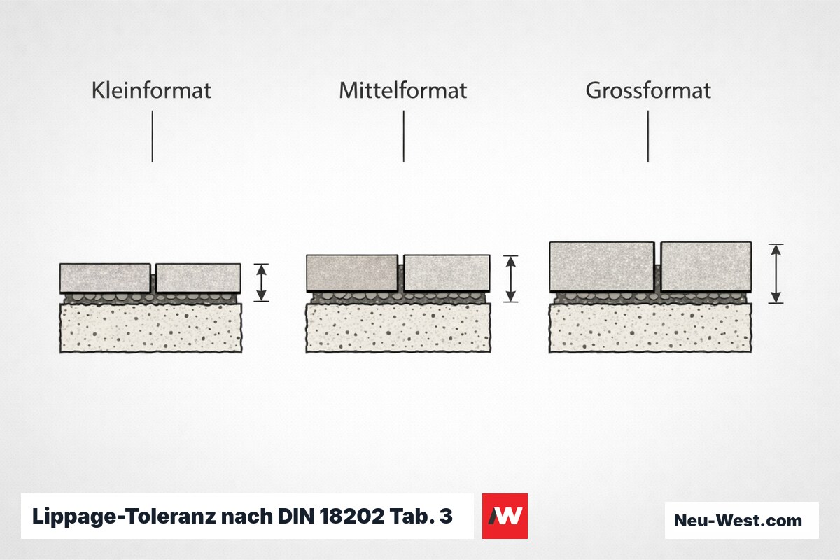 Lippage-Toleranz nach DIN 18202 Tab. 3: Format und Stufenbildung – Erklär-Grafik (NEUWEST Berlin)