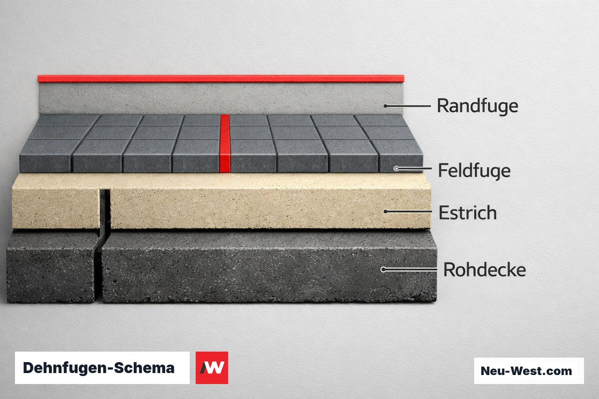 Dehnfugen-Schema: Feldfuge, Randfuge und Bewegungsfuge im Grundriss – Erklär-Grafik (NEUWEST Berlin)