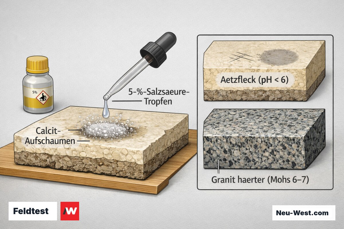 Erklär-Illustration eines Naturstein-Musters mit Salzsäure-Tropfentest: Aufschäumen zeigt Calcit, plus Härtevergleich Kalkstein gegen Granit.