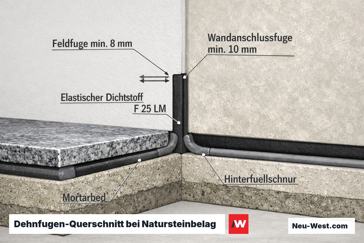 Querschnitt eines Natursteinbelags mit elastischen Dehnfugen an Feldbegrenzung und Wandanschluss, Fugenbreiten und elastischem Dichtstoff nach EN ISO 11600.