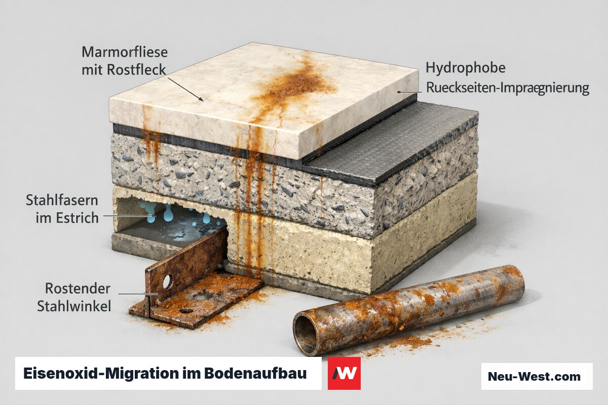Querschnitt eines Natursteinbodens mit Eintragswegen für Rostflecken: Stahlfasern, rostende Metallteile und stagnierendes Wasser im Hohlraum.