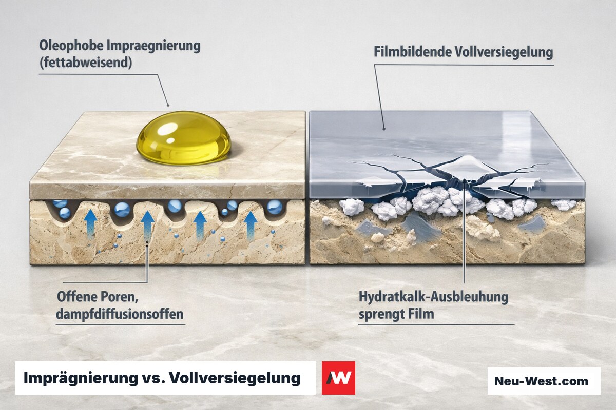 Querschnitt: oleophobe Imprägnierung hält Poren offen, Vollversiegelung sperrt Dampf und platzt durch Hydratkalk-Ausblühungen auf poliertem Marmor ab.