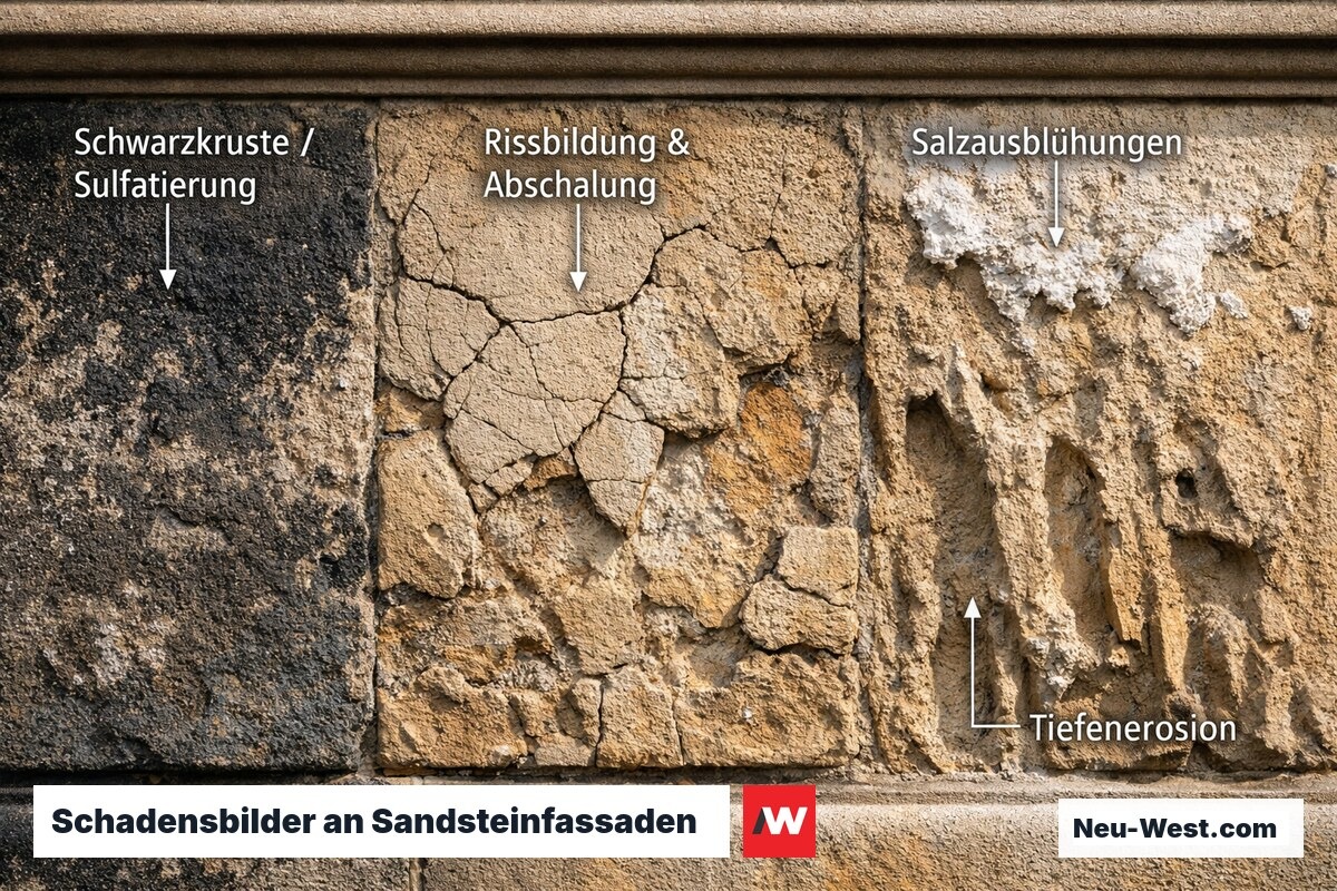 Nahaufnahme einer Sandsteinfassade mit vier typischen Schadensbildern: Schwarzkruste, Risse, Salzausblühungen und Tiefenerosion nebeneinander.
