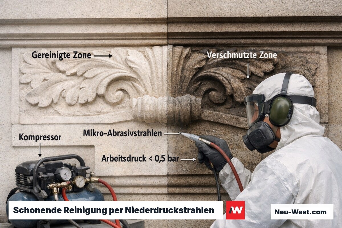 Steinrestaurator reinigt Kalksteinfassade mit Niederdruckstrahlverfahren; linke Hälfte gereinigt, rechte noch verschmutzt.
