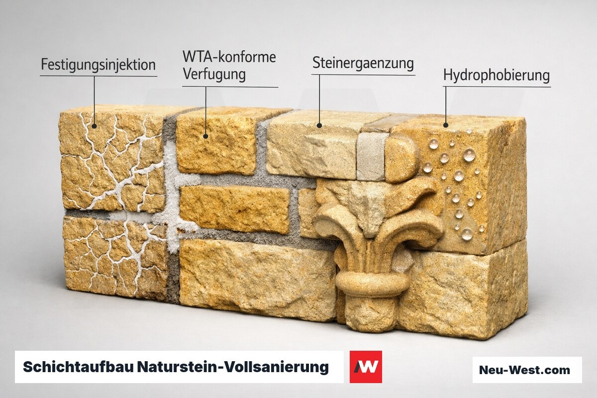 Technischer Querschnitt einer sanierten Sandsteinfassade mit Festigung, Verfugung, Steinergänzung und Hydrophobierung.
