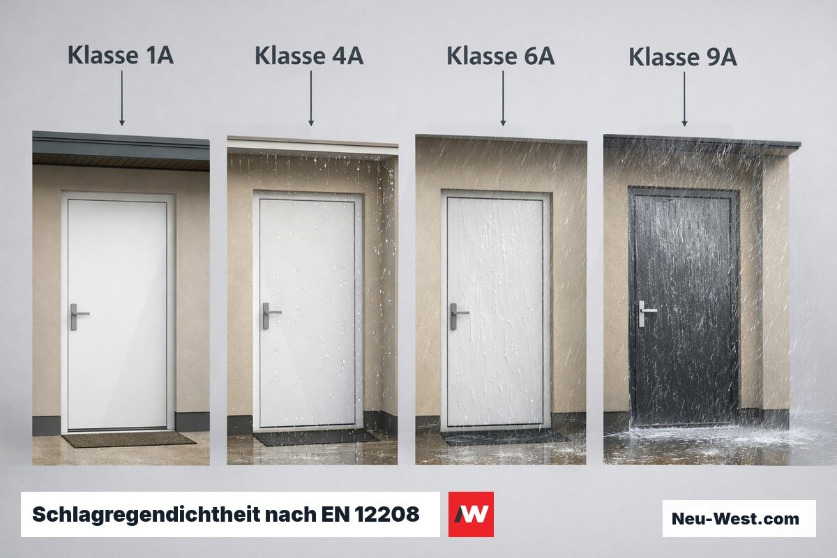 Schlagregendichtheit nach EN 12208: Welche Klasse für welche Einbausituation – Erklär-Grafik (NEUWEST Berlin)