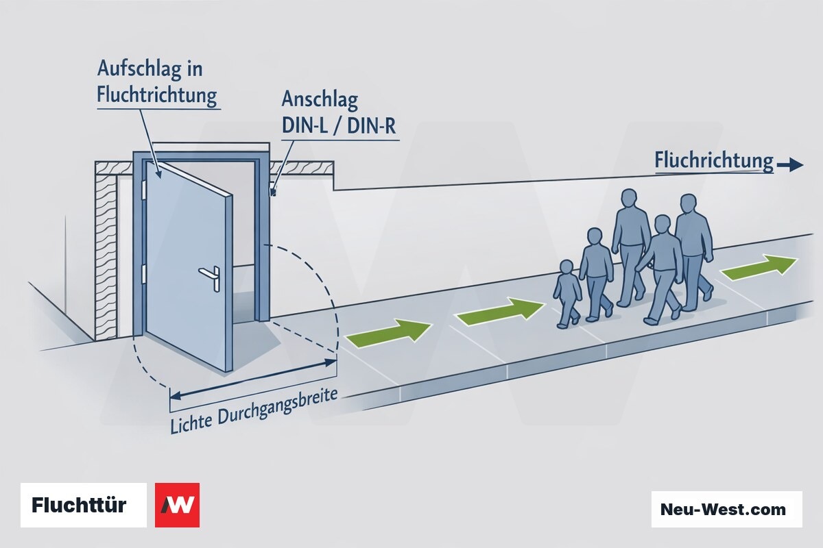 Grundriss-Schema eines Fluchtwegs: Tür schlägt in Fluchtrichtung auf, mit Anschlagseite DIN-L/DIN-R, Schwenkbogen und lichter Durchgangsbreite.