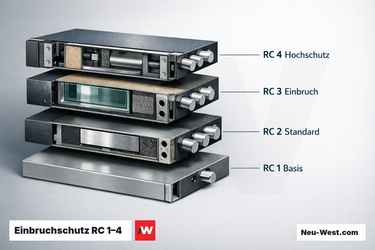 Einbruchschutz RC 1–4: Anforderungen an Blatt, Beschlag und Schliessblech je Klasse – Erklär-Grafik (NEUWEST Berlin)