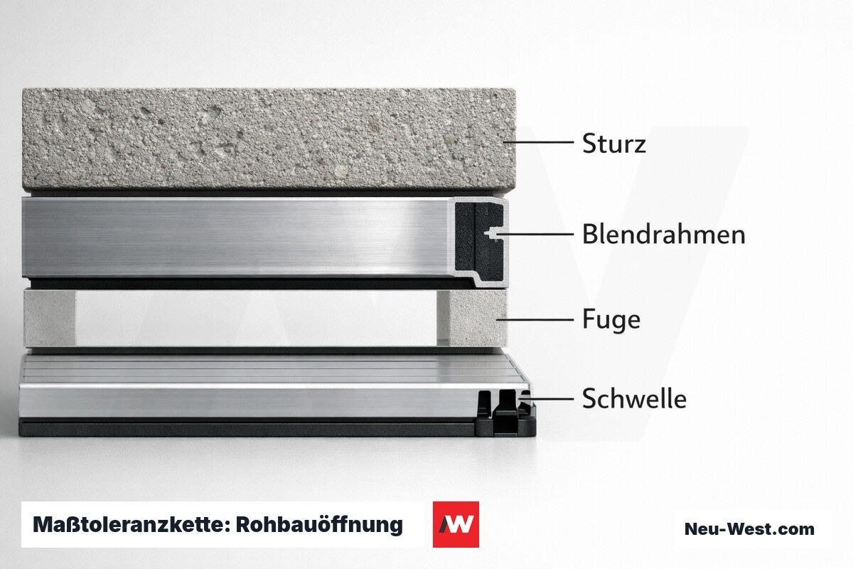 Maßtoleranzkette: Rohbauöffnung – Blattmaß – lichtes Durchgangsmaß – Erklär-Grafik (NEUWEST Berlin)