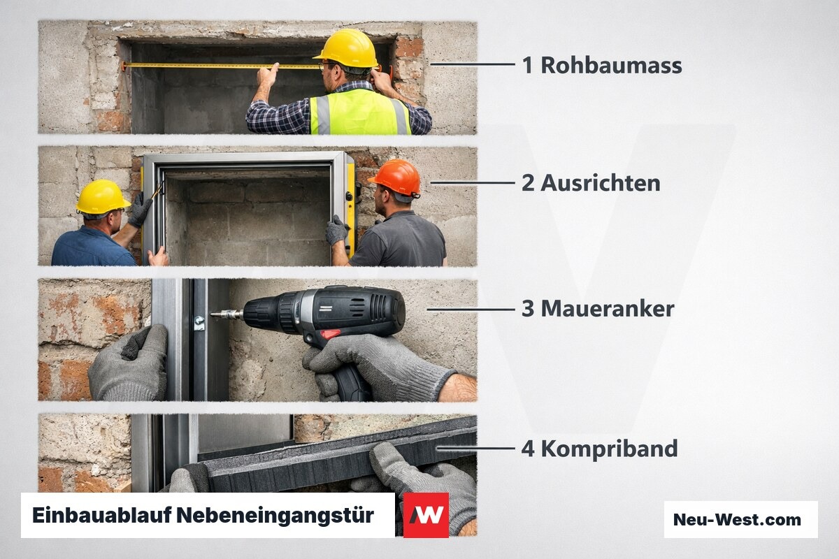Einbauablauf Nebeneingangstür: 7 Schritte von der Rohbaukontrolle bis zur Schwellendichtung – Erklär-Grafik (NEUWEST Berlin)