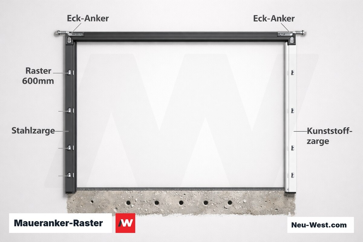 Maueranker-Raster: Eckabstand max. 150 mm und Regelabstand bei Stahl- und Kunststoffzargen – Erklär-Grafik (NEUWEST Berlin)